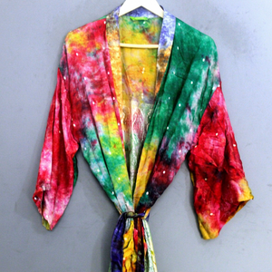 Robe kimono en mousseline tie-dye, longueur genou, coupe ample, col bateau, fermeture à cordon, tenue d'été pour adultes, 100% soie douce - Product Image 1