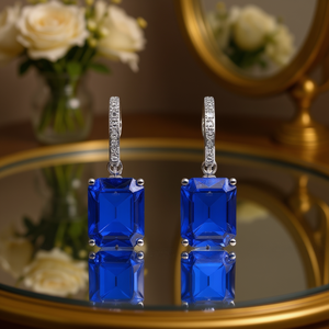 Pendientes Azules Zafiro E1544 en Oro Blanco con Diamantes Corte Esmeralda, Joyería Clásica para Bodas de Mujer - Product Image 2