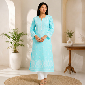 Kurti droit bleu aqua pour femme avec imprimé floral blanc élégant, col rond – Achetez directement auprès du fournisseur au prix de gros - Product Image 1