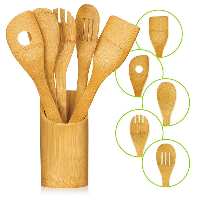 Natural Bamboo Kitchen Cooking Utensils Wholesale 6 Piece Tools Spoon Fork Spatula Set