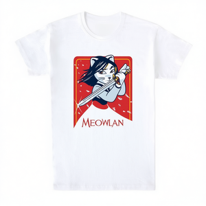 T-shirt Meowlan in cotone bianco unisex con stampa grafica Cat Warrior Design - Product Image 2