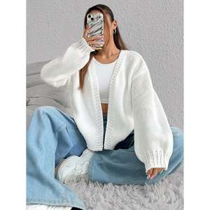 Cardigan blanc côtelé à col en V pour femme, pull léger en tricot, haut ouvert sur le devant - Product Image 3
