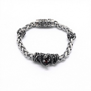 Stainless Steel Viking Bracelet with Dragon Biting Stone Design Woven Chain Antique Style for <b>Men</b> Streetwear - Product Image 5