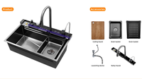 Évier de cuisine intelligent en acier inoxydable à cuve unique, à encastrer, multifonction, avec affichage numérique LED, design cascade, lave-tasses intégré, noir moderne