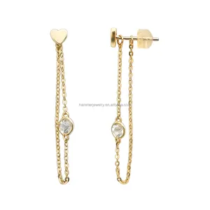 AU585 Gold Needle Stud Earring Long Drop Tassel Earrings 14k Solid Gold Chain Drop Earrings For Women