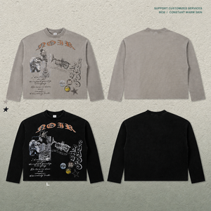 Camiseta de manga larga para hombre con estampado de banda, tejido gofrado, corte holgado, hombros caídos, cuello redondo, estilo retro americano, streetwear casual de otoño - Product Image 1