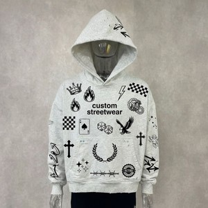 Sweat à capuche court personnalisé en molleton bouclette, imprimé DTG, effet vieilli, coupe ample et oversize, imprimé intégral, doublure gaufrée - Product Image 1