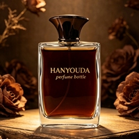 Vente en gros de flacons de parfum rectangulaires HANYOUDA de 100 ml, bouchon en métal doré, verre cristallin épaissi, pulvérisateur à pompe, gravure dorée