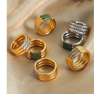 Bague de doigt ajustable en acier inoxydable plaqué or 18 carats de haute qualité avec zircon vert, bijoux de mode géométriques classiques personnalisés - Product Image 4