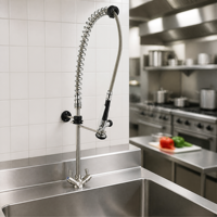 Robinet de cuisine commercial à pré-évier, à poser sur comptoir, en laiton sans plomb, finition chromée, avec douchette extractible à ressort, robuste