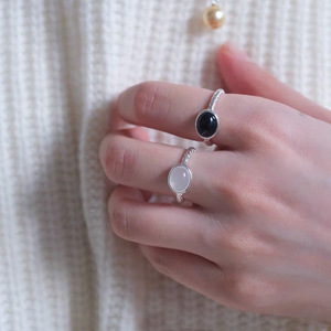 S925 Sterling <b>Silver</b> Minimalist <b>Ring</b> <b>Opal</b> Black Agate Bezel Setting Open Design Stackable Unisex Everyday Wear Geometric Shape - Product Image 5