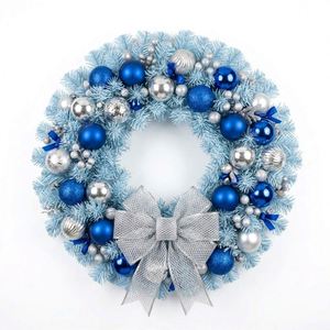 Guirlande de Noël de luxe 40 cm bleu clair, en PVC, pré-éclairée, ornements argentés scintillants, moderne et simple, pour fêtes et décorations de maison. - Product Image 2