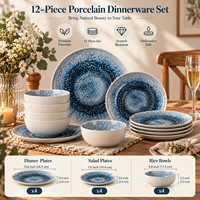 Service de table en porcelaine 12 pièces, impression numérique 3D, assiettes et bols en céramique à glaçure réactive bleue, sous-glaçure, écologique, compatible micro-ondes