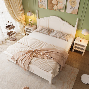 <b>Solid</b> <b>Wood</b> Bed 1.8m <b>White</b> American Princess Style Platform Bed Frame For Bedroom - Product Image 3