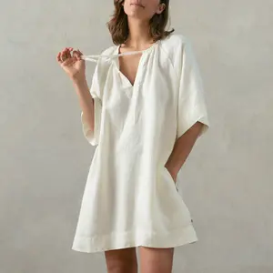 Sommer Frauen Baumwolle Leinen V-Ausschnitt Kurzarm Kleid Casual Frauen Kleid