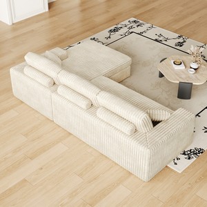 Canapé inclinable modulaire moderne en velours côtelé, écologique et durable, en mousse, design en L 2-en-1, trois coussins, oreiller cervical, deux plaids - Product Image 6