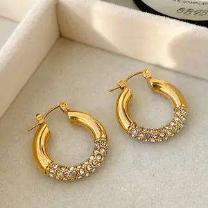 Titanium Steel 18K Gold Earrings With Diamond Circle Earrings Jewelry Stainless Steel Non Fading Earrings For Female