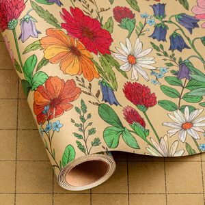 Kraft Floral Wrapping <b>Paper</b> <b>Roll</b> 17 Inch X 16.5 Feet Red Flower Pattern Vintage Gift <b>Wrap</b> - Product Image 1