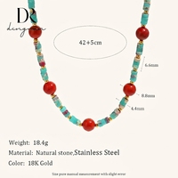 Collier en acier inoxydable plaqué or 18 carats avec perles de turquoise naturelle et pierre rouge pour femmes, vente en gros, bijoux tendance