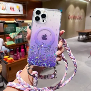 Epoxy Glitter Gradient Color Clear Case For Iphone 11 12 13 14 Pro Max PC Hard Magnetic Wireless Charging Crossbody Strap Cover