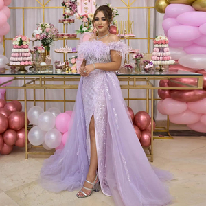 Sharon ha detto SS252 lusso Dubai piume lilla abito <span class=keywords><strong>da</strong></span> sera con gonna laterale spacco <span class=keywords><strong>verde</strong></span> donna abiti <span class=keywords><strong>da</strong></span> festa di nozze - Product Image 1