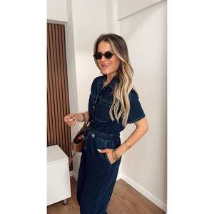 Combinaison en jean avec taille élastique, 100% coton respirant, salopette pour femme, manches courtes, boutonnée devant, style enveloppant et à nouer - Product Image 5