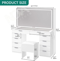 Coiffeuse moderne blanche avec grand miroir LED, ensemble de bureau de maquillage pour chambre à coucher avec tabouret rembourré