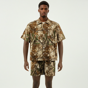 남성용 전술 세트 지퍼 업 느슨한 반팔 야외 위장 셔츠 세트 탄성 허리 짧은 - Product Image 3