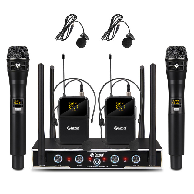 Debra Audio DU4004 Portable 4-Channel UHF Wireless Dynamic Microphone System for Karaoke with Handheld Headset Lavalier Clip Mic
