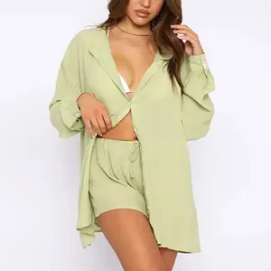 2024 nueva moda Blusa de manga larga con un solo pecho y pantalones cortos traje de mujer conjunto de 2 piezas conjuntos de lino de verano para mujer