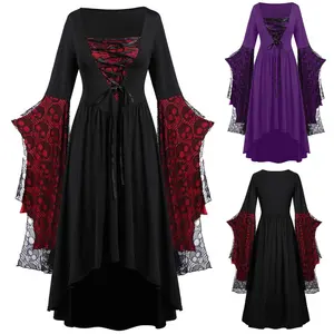 Halloween Cosplay Kostüm Gothic Vintage Kleid Ghost Pumpkin Printed Frauen Mittelalter liche Ghost Bride Vampire Kleidung