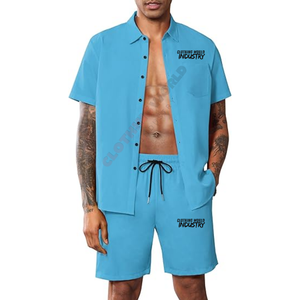 Casual wear customized logo <b>design</b> outfit summer set Customized <b>design</b> sky blue color shirt and short set - Product Image 1