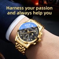 Montre pour homme à trois aiguilles et six index, affichage de la date et des phases lunaires, en acier inoxydable, mouvement à quartz