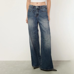 时尚渐变色水洗牛仔裤女式低腰抽绳腰部宽松阔腿牛仔裤 Y2K 街头服饰 - Product Image 1