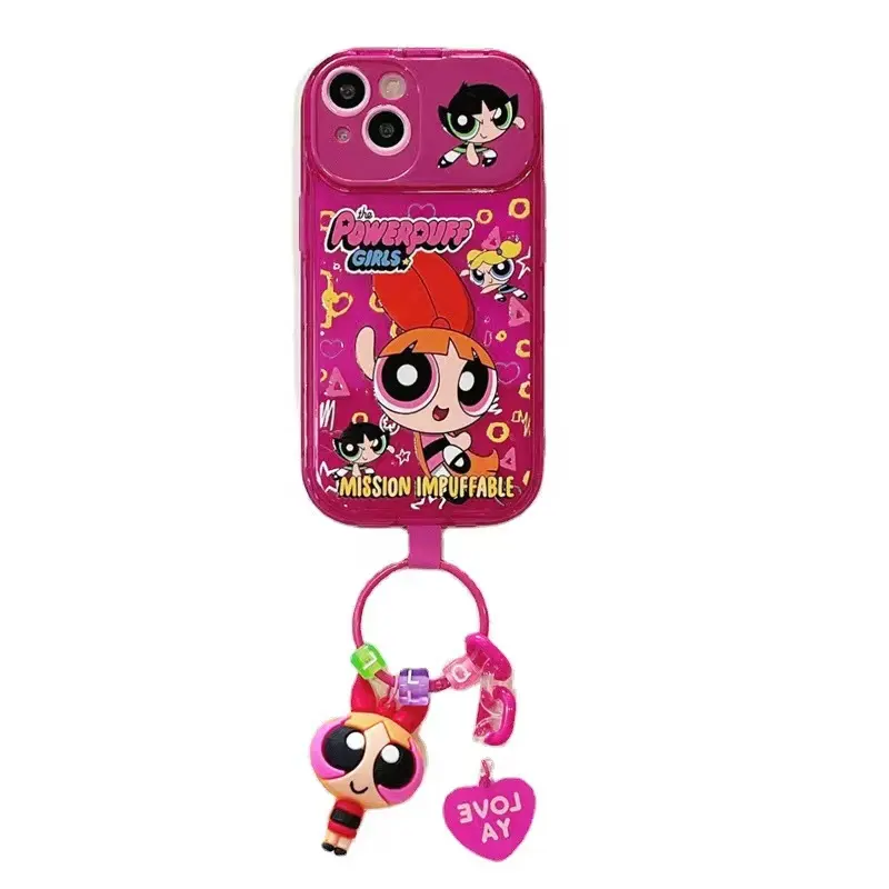 Newest mold cute cartoon Power Girls mirror stand phone case for iphone14 case with chain
