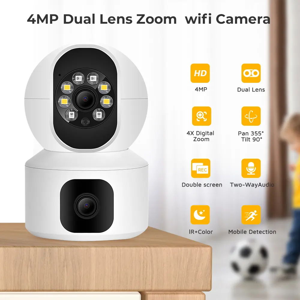 Indoor Dual Lens Mini IP Camera 2K 4MP WIFI Wireless Security Night Vision Camara Video Surveillance Camera