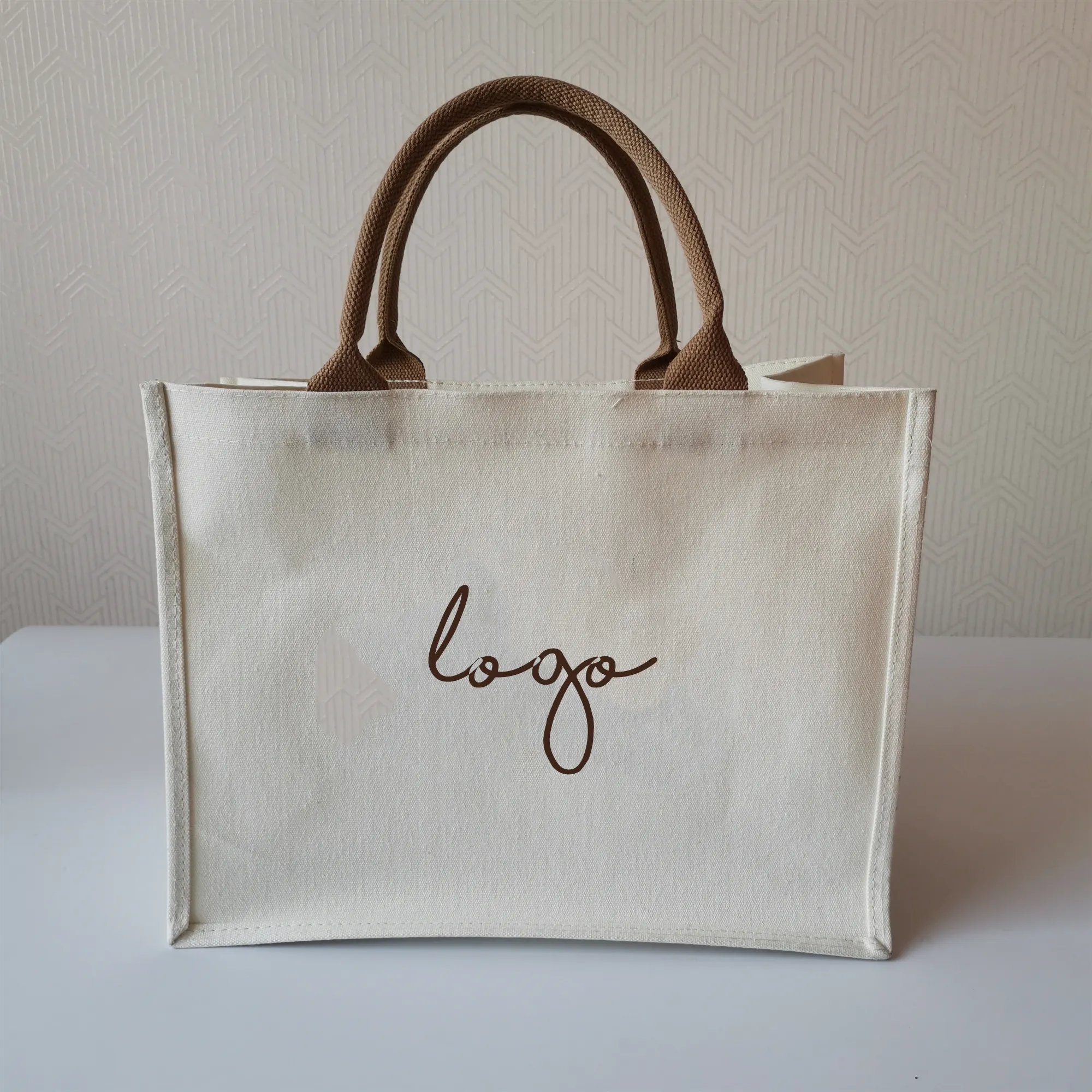 Bolsa de mano de algodón para compras, bolsa de mano de lona impermeable laminada con forma cuadrada y logotipo personalizado ecológico, con mango de color