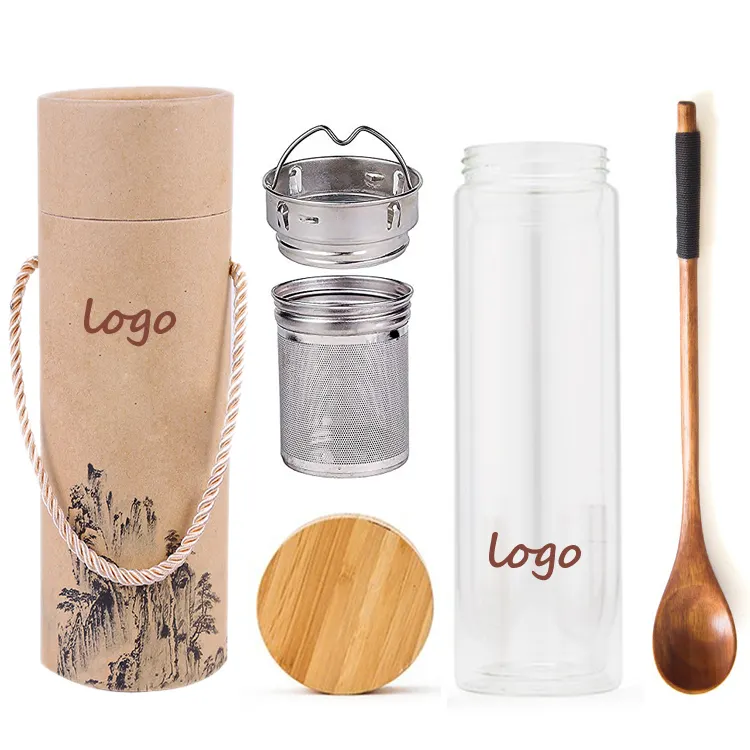 Custom Logo Lower MOQ Bamboo Lid Double Wall Vacuum 400ml Glass Tea Bottle with Stainless Steel Tea Infuser