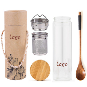 Bouteille à thé en verre borosilicate à double paroi, anti-fuite, avec infuseur en acier inoxydable et couvercle en bambou, 350 ml, 400 ml, 500 ml, pour le bureau et les voyages - Product Image 1