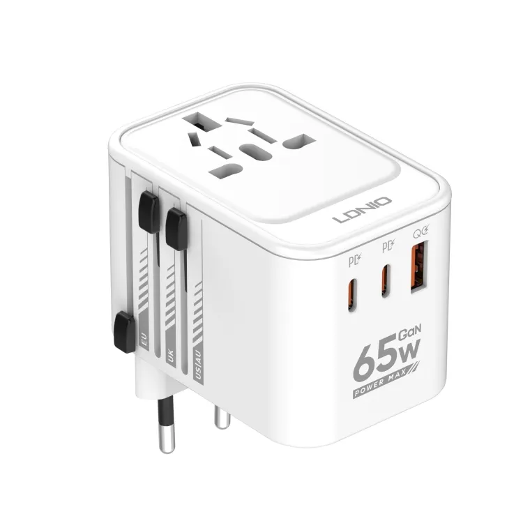 LDNIO Z6 AC 65W Adaptor perjalanan Wideworld, Adaptor perjalanan Universal Power Multi Plug dengan USB ganda 3 Tipe C