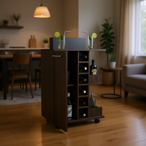 Chariot de bar finition noyer foncé avec roulettes, design moderne pour usage domestique - Product Image 2