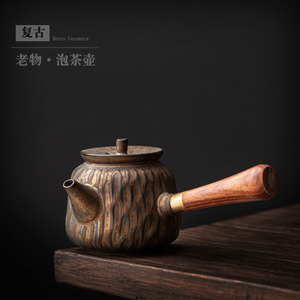 Retro Ceramic Teapot With Wooden Handle Irregular Shape Pottery Kung Fu <b>Tea</b> Brewing Pot Small Single Pot With Lid <b>Infuser</b> - Product Image 4
