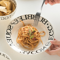 Vaisselle en céramique de style ins simple, assiette à dîner avec lettres noires, grande tasse, saladier