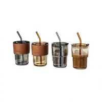 Gelas Kopi & Susu Gaya Amerika Mewah 450ml dengan Sarung Kulit, Sedotan Kaca, dan Insulasi Panas