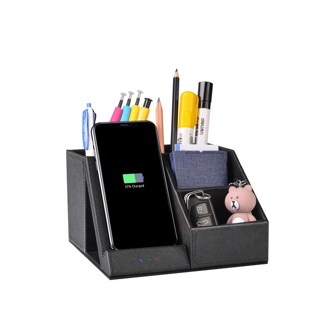 10w Wireless Fast Charge Pu Leather Desk Organizer Pen Holder Office Multi-function Desktop Storage Box