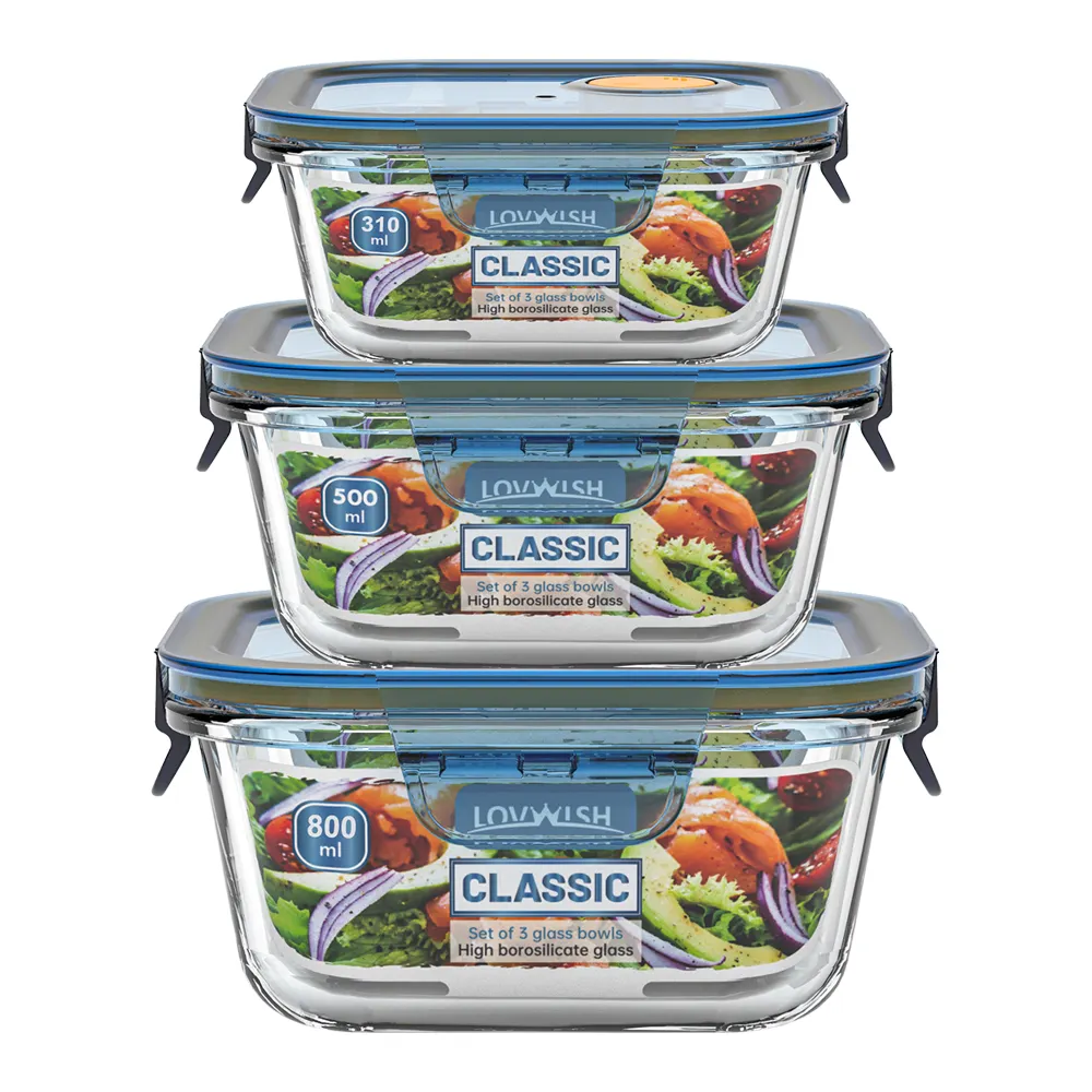 Contenitore per alimenti in vetro borosilicato alto contenitore per insalata contenitore per il pranzo 3 pezzi con coperchio superiore in Stock