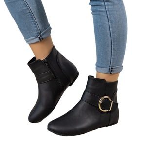 Bottines plates pour femmes avec grande boucle et fermeture éclair latérale, style européen et américain, bottes polyvalentes tendance, bottines minimalistes - Product Image 5
