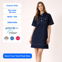 Gaun Mini Denim OEM Kustom Wanita Lengan Pendek A-Line Kasual Elegan Desainer Busana Butik Koleksi Musim Panas