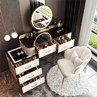 Ensemble de coiffeuse moderne avec miroir, tiroirs ondulés et tabouret, éclairage LED intelligent en bois extensible pour la chambre à coucher