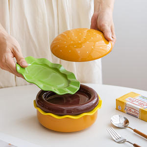 Service de table en céramique en forme de hamburger, bol à salade 3D, assiette à fruits, plat à pâtes, plateau à pain, bol à soupe pour la maison, la table de bureau - Product Image 3